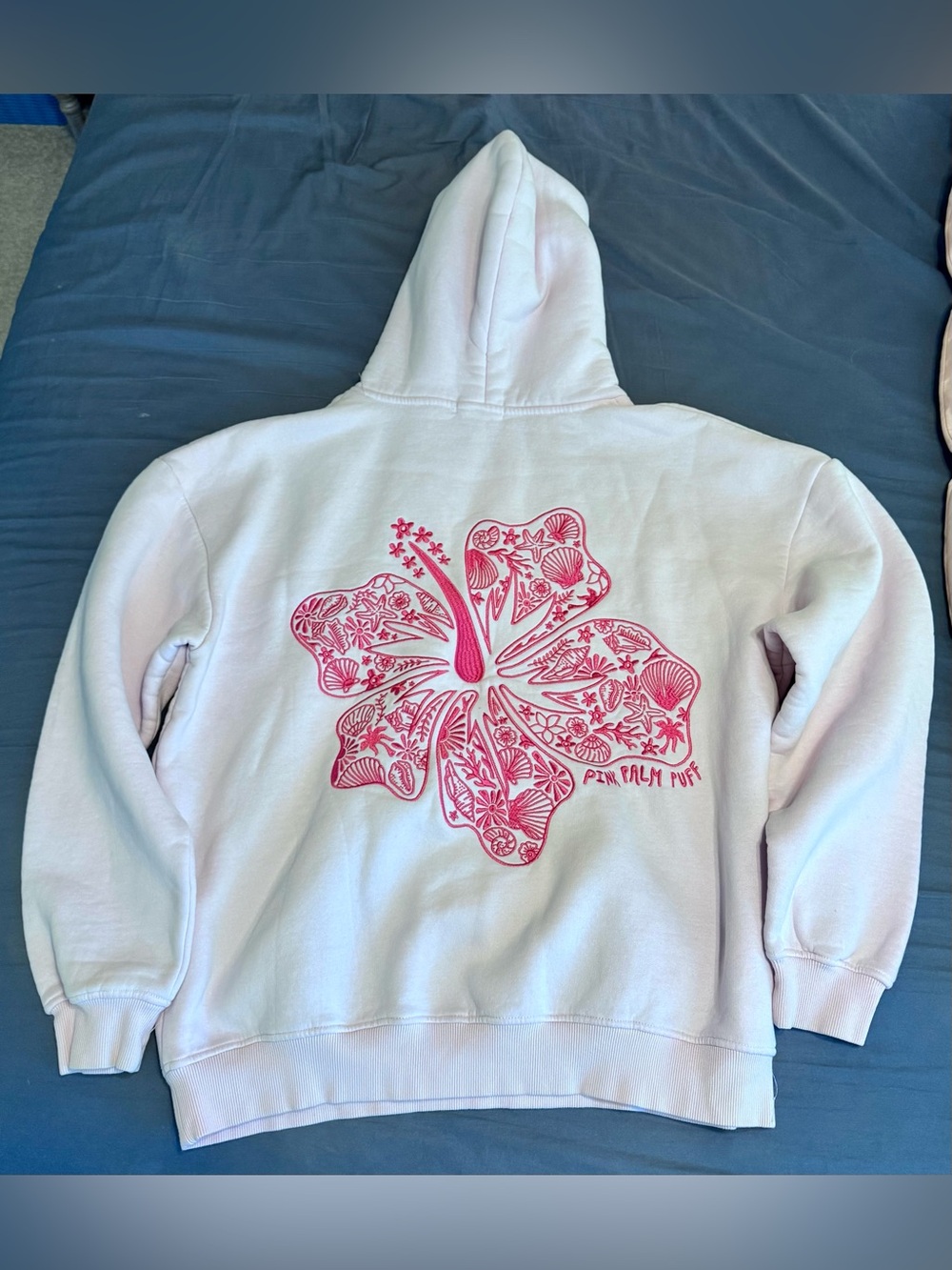 Pink Palm Puff Hoodie READ LISTING Fair Stained Size L Large